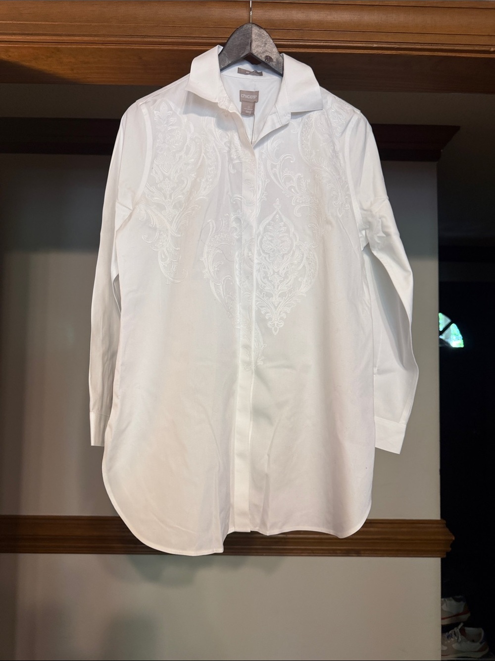 Chico's White Embroidered Button-Down Shirt